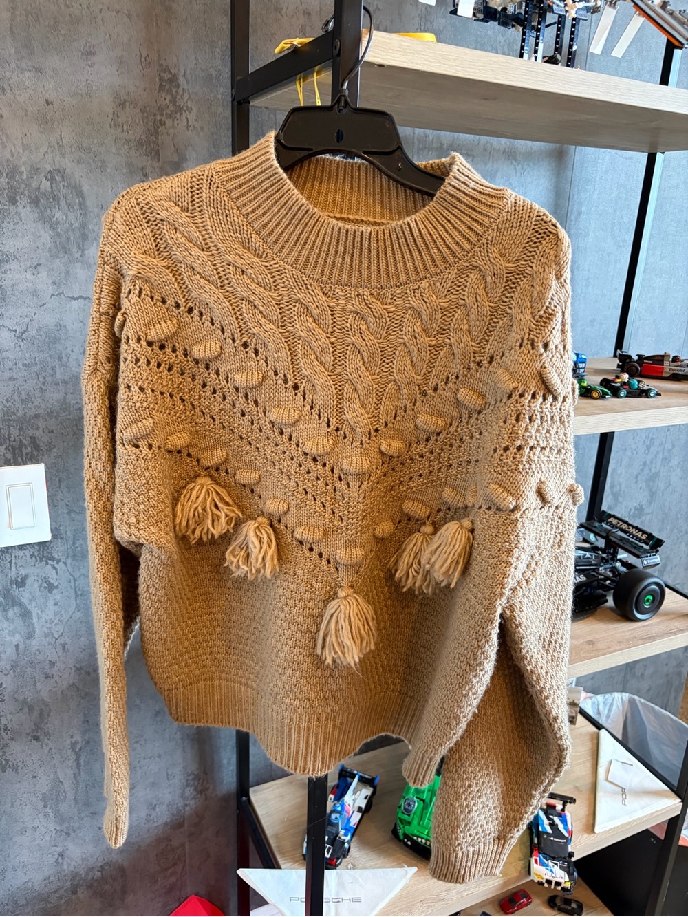 Mango Camel Tassel Cable-Knit Crewneck Sweater
